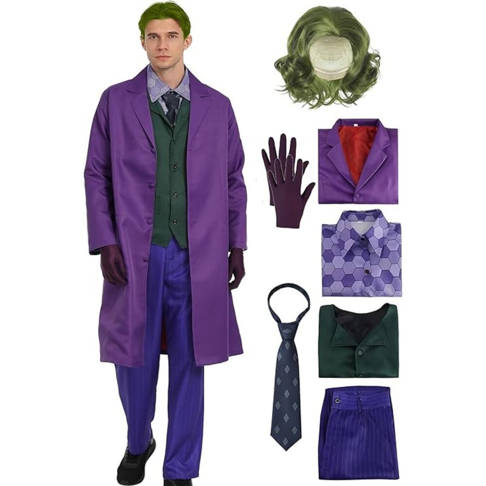 Purple Suit  Halloween Joker Costume Set Gloves Wig Jacket  Cosplay Comic Con